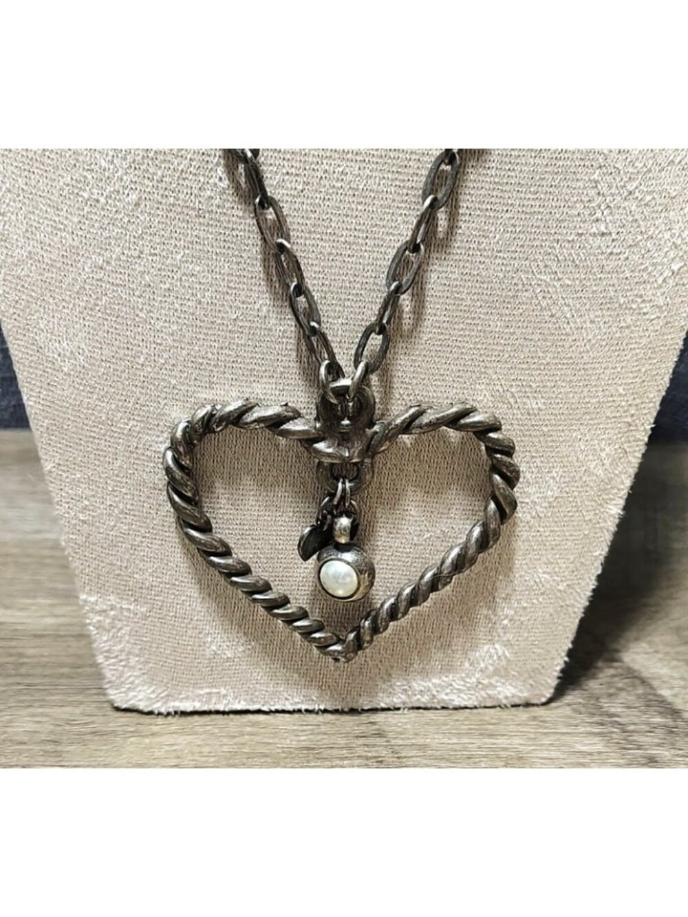 Silver Plated Twisted Rope Cable Textured Heart Pendant Charms Long Chain Large